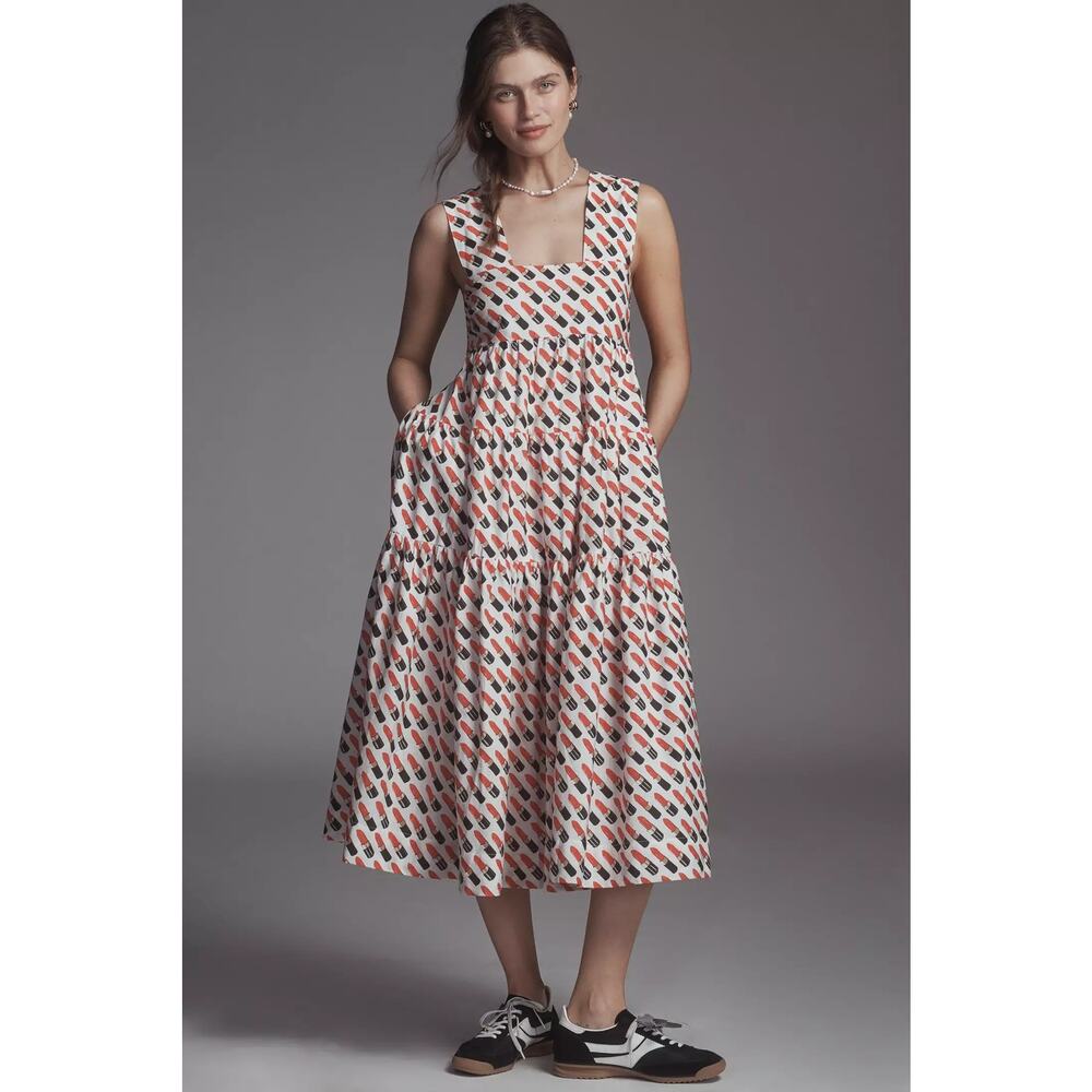 Anthropologie White Midi Dress with Red and Black Geometric Print